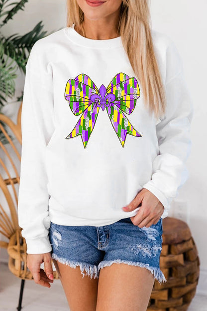 White Mardi Gras Bowknot Graphic Pullover Sweatshirt