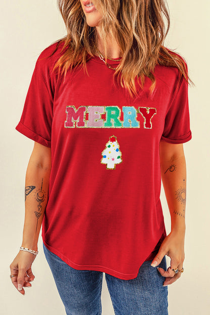 Red Chenille MERRY Christmas Tree Graphic Tee