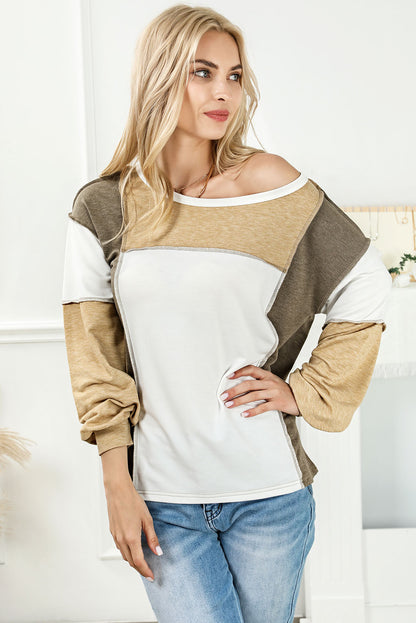 Khaki Exposed Seam Color Block Patchwork Top