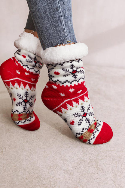 Fiery Red Christmas Pattern Plush Lined Winter Socks