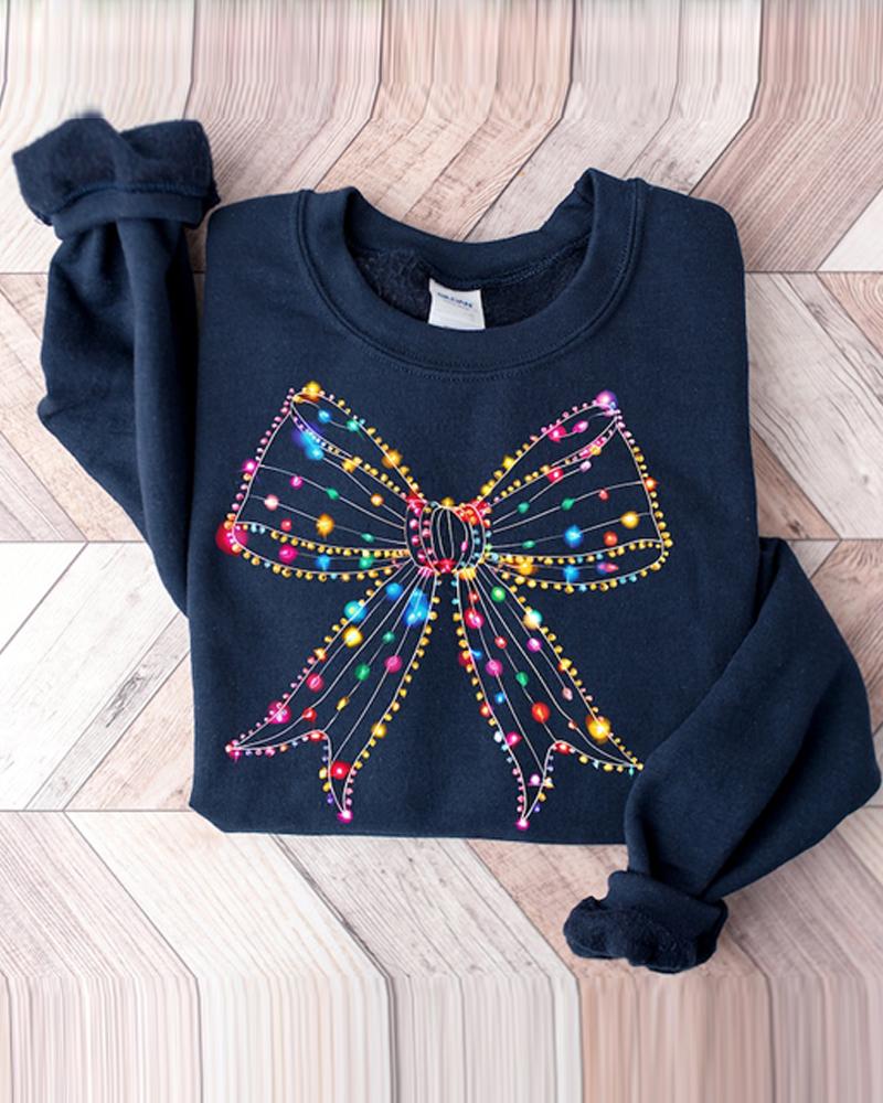 Christmas Colorful Bowknot Print Crewneck Sweatshirt Fleece Lined Pullover Top