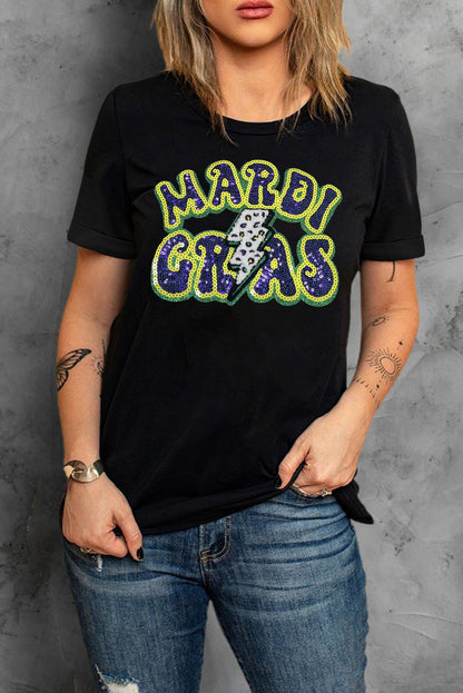 Black MARDI GRAS Lightning Graphic Short Sleeve Top