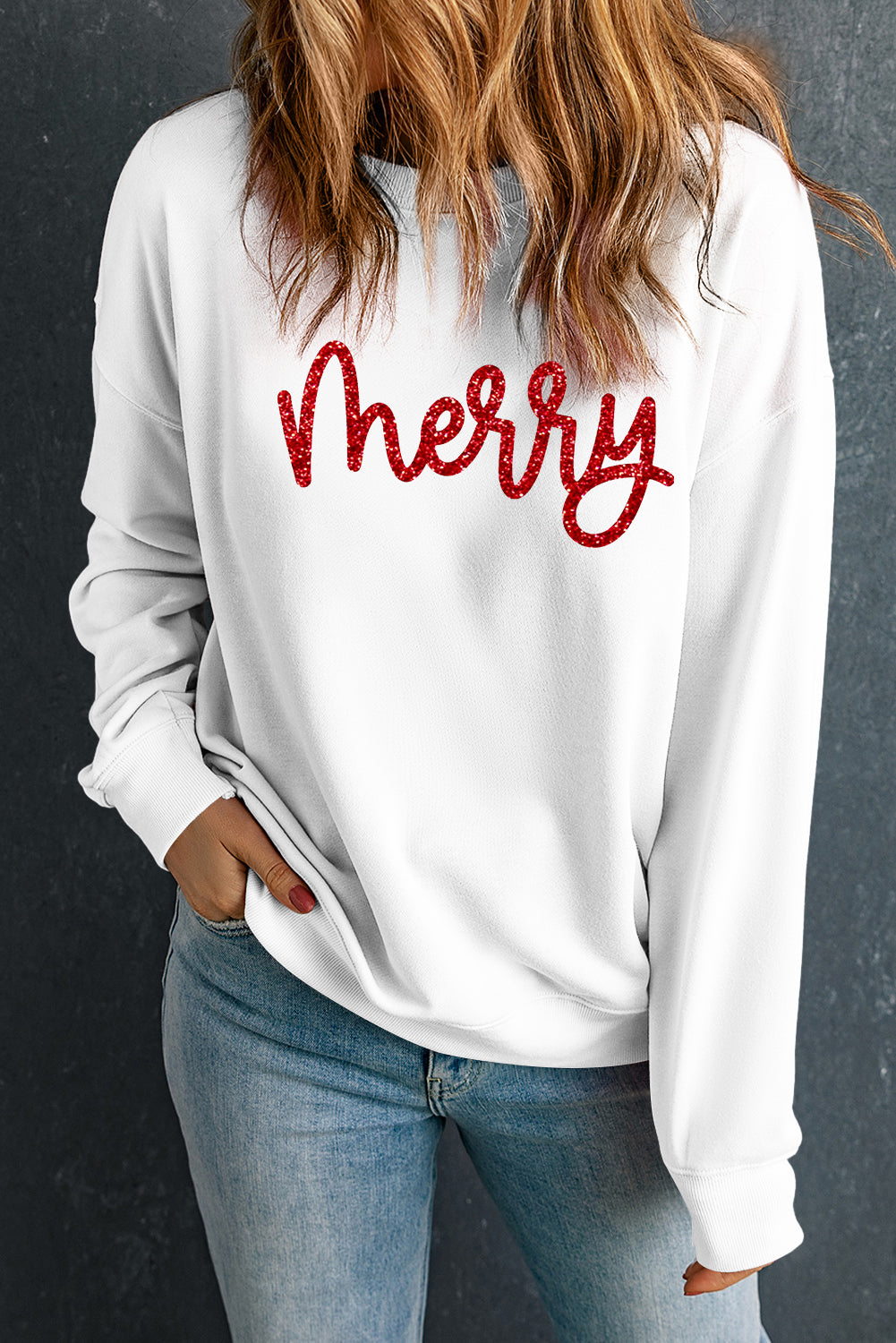 Beige Merry Graphic Christmas Crew Neck Sweatshirt