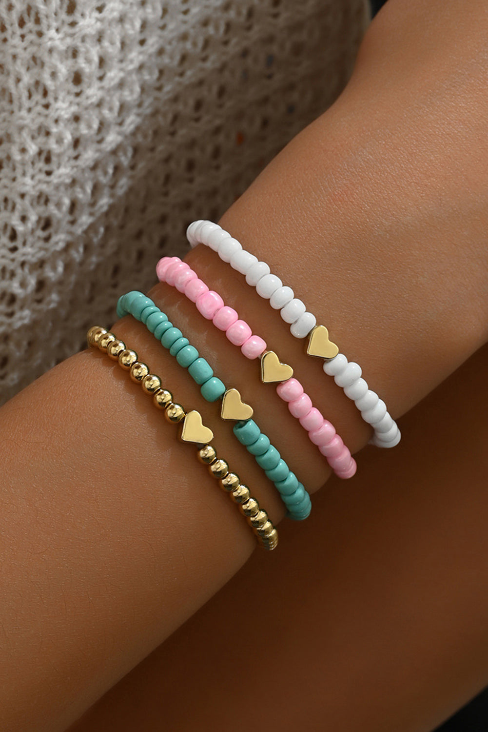 Pink Heart Beaded Multi Layered Bracelet Set