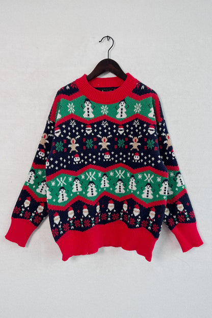 Red Christmas Father Snowman Elk Pattern Drop Shoulder Sweater