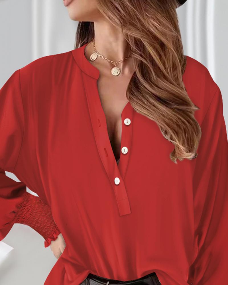 Round Neck Long Sleeve Shirred Front Button Blouse Casual Shirts