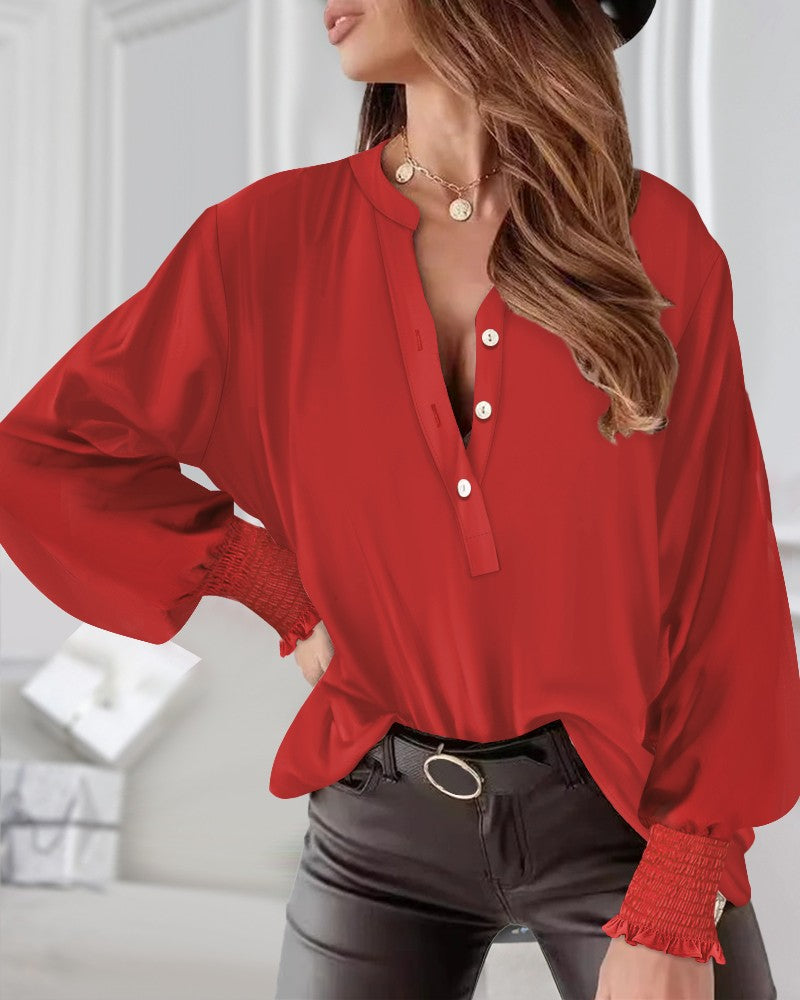 Round Neck Long Sleeve Shirred Front Button Blouse Casual Shirts