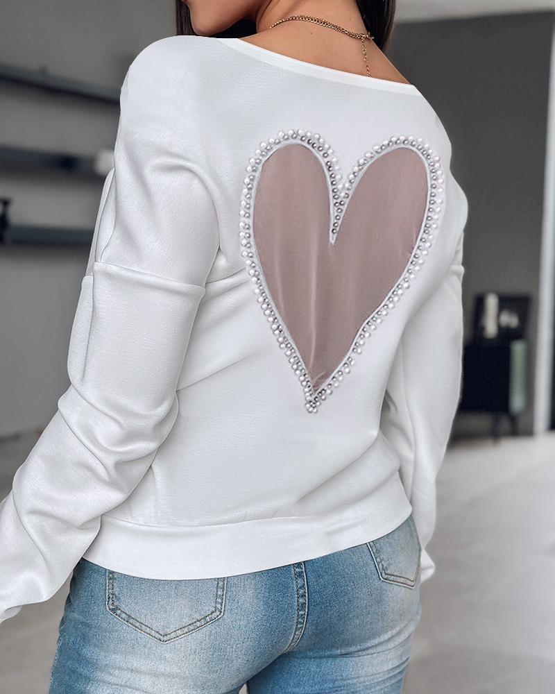 Heart Pattern Sheer Mesh Round Neck Long Sleeve Beaded Sheer Mesh Tee Casual Top