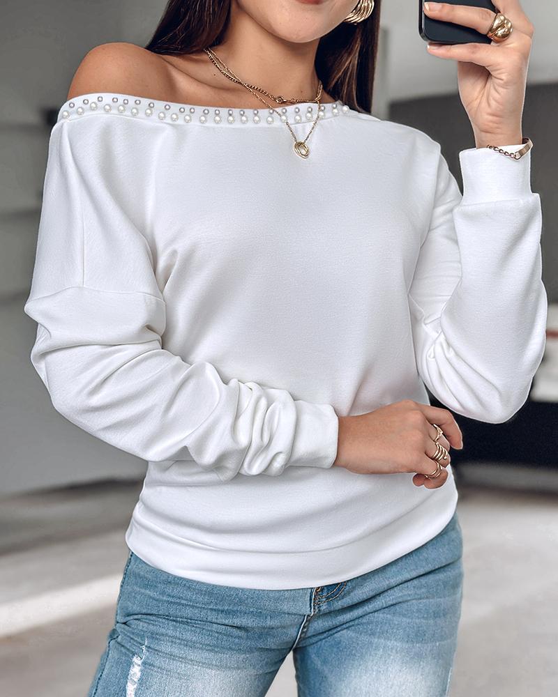 Heart Pattern Sheer Mesh Round Neck Long Sleeve Beaded Sheer Mesh Tee Casual Top