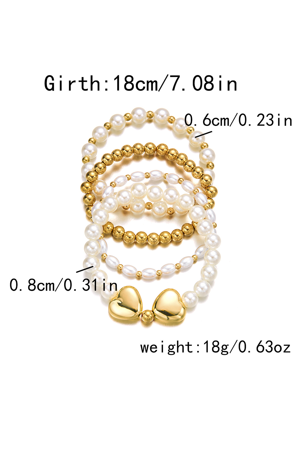 Gold Heart Pearl Plated Beaded Elastic Bracelet Set