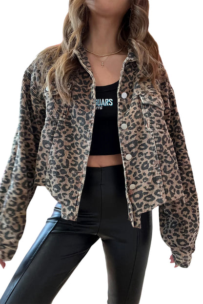 Dark Khaki Leopard Print Corduroy Irregular Hem Buttoned Jacket