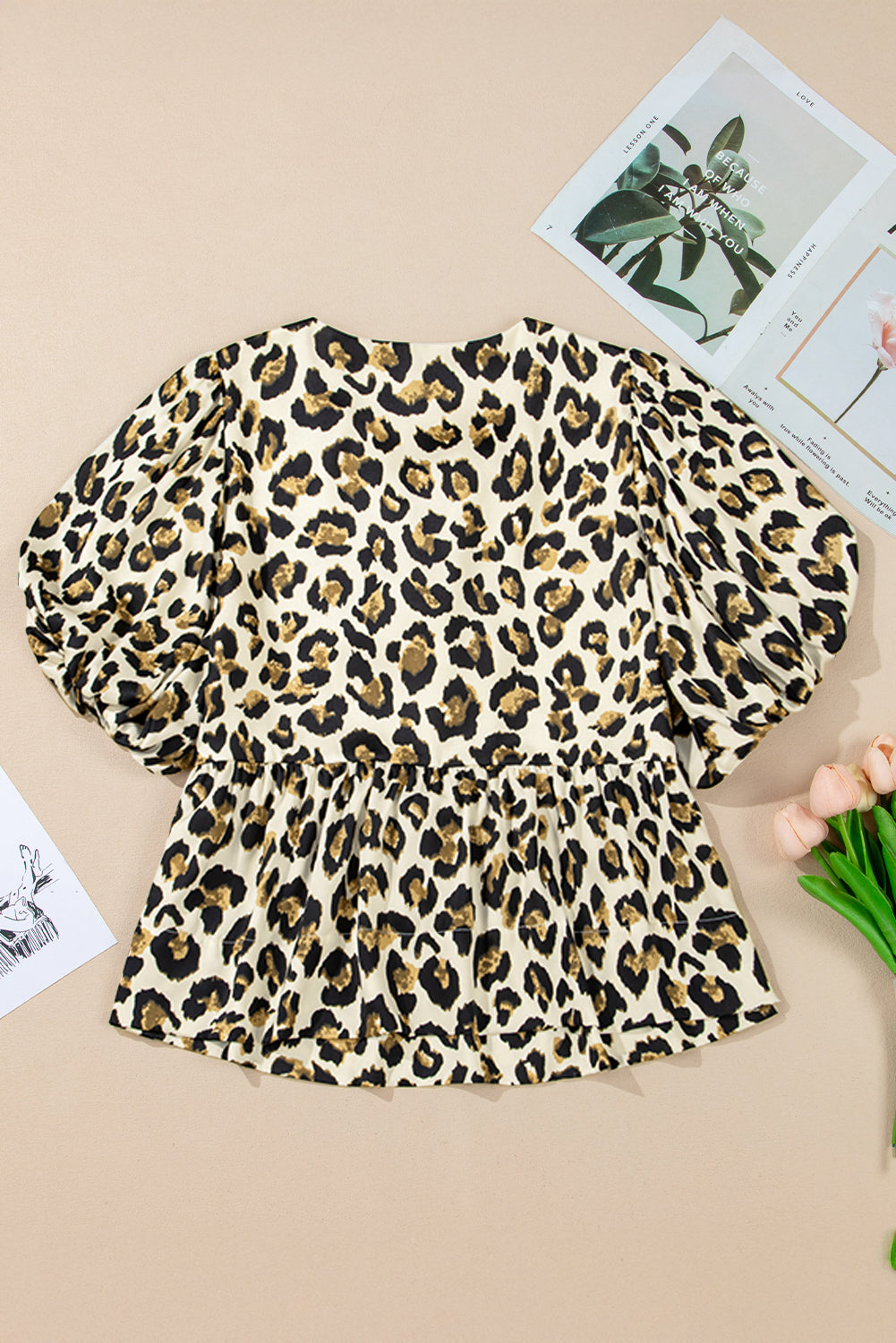 Apricot Leopard Bubble Sleeve Bow Tie Front Peplum Blouse