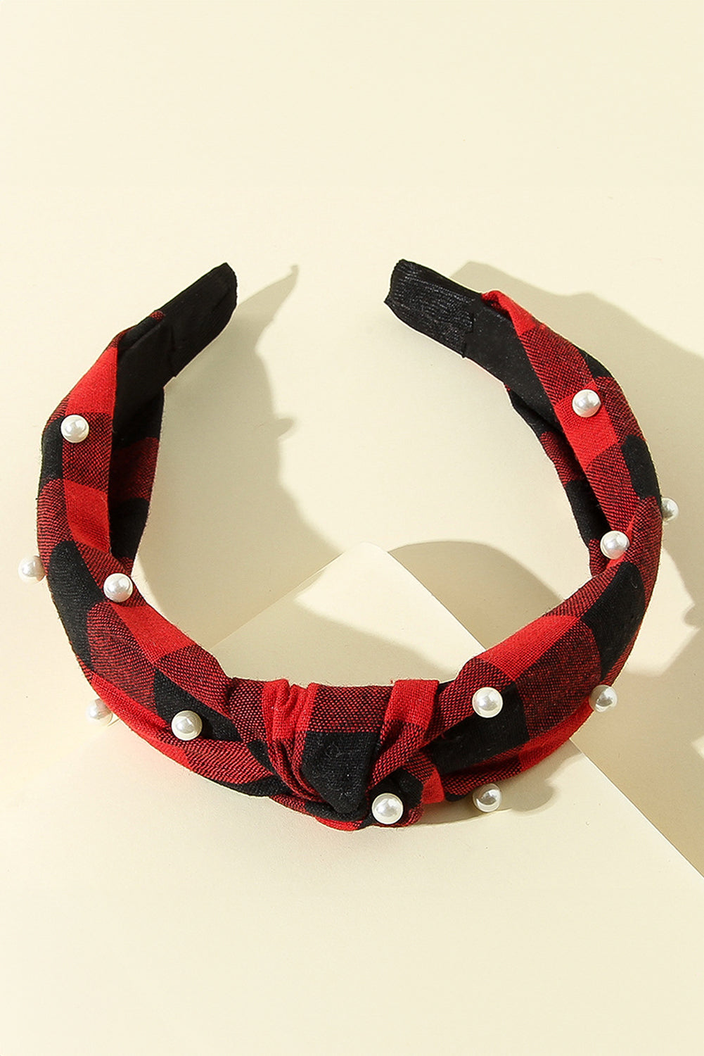 Red Dahlia Pearl Decor Christmas Plaid Knotted Headband