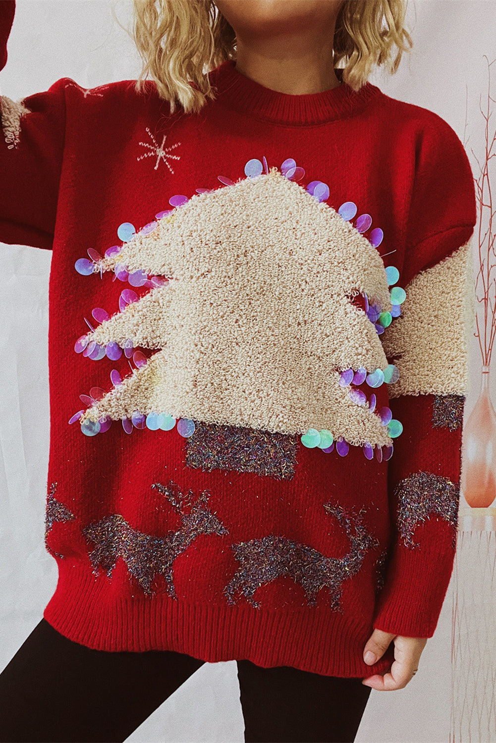 Racing Red Sequin Fuzzy Christmas Tree Tinsel Elk Drop Shoulder Sweater