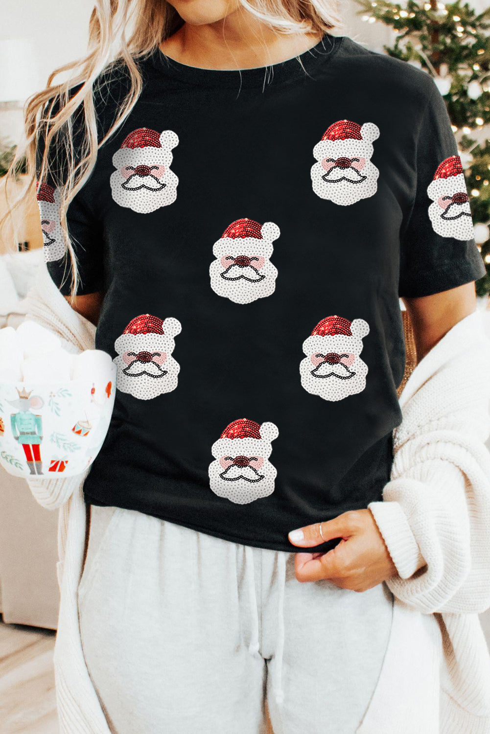 Black Father Christmas Sequin Graphic T Shirt