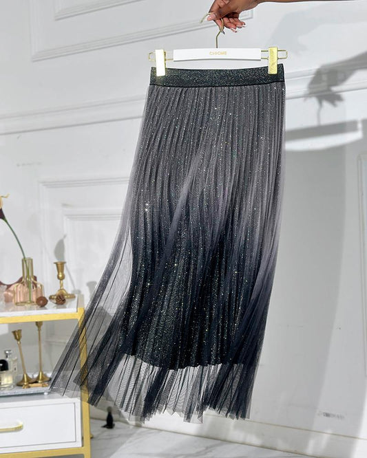 Ombre Sheer Mesh Patch A Line Pleated Glitter Skirt