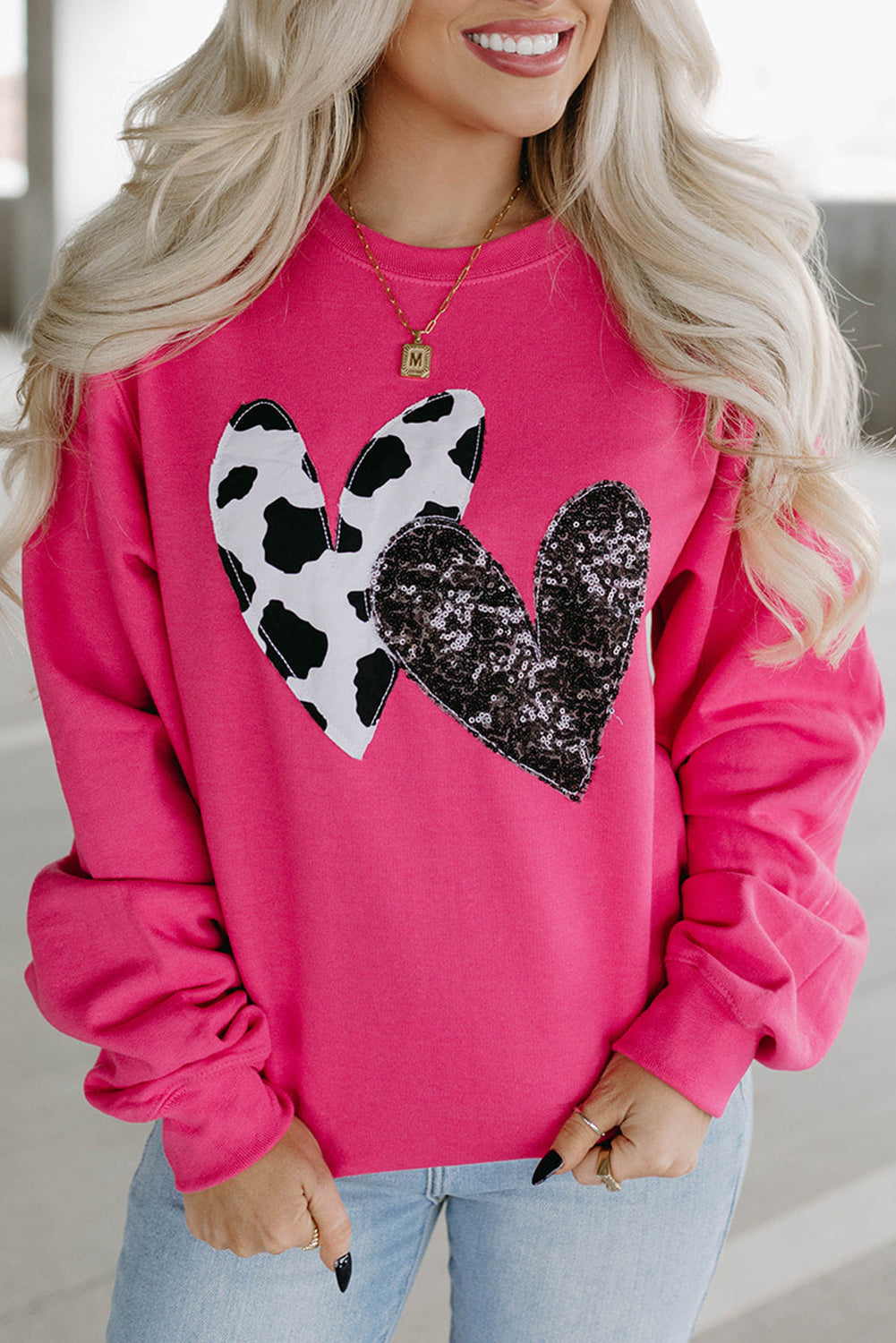 Strawberry Pink Cow & Sequin Double Heart Patch Graphic Sweatshirt