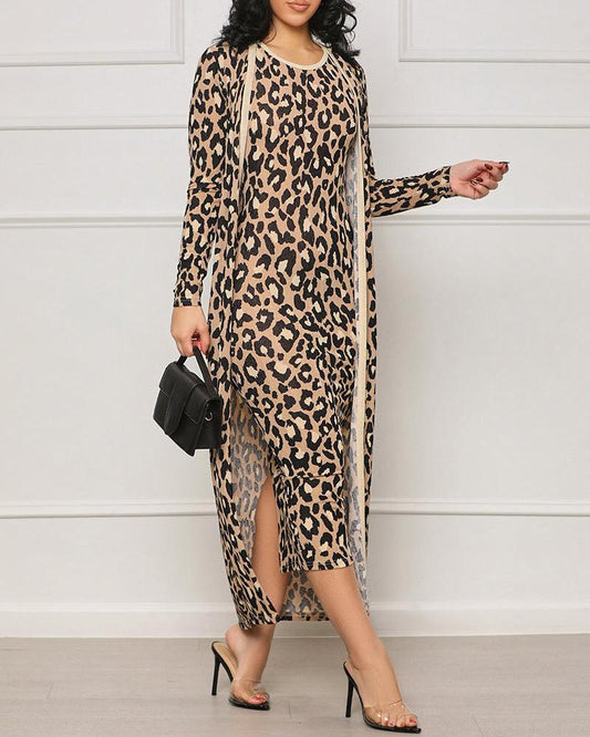 2 Piece Leopard Print Convertible Set Long Cardigan Sleeveless Round Neck Back Slit Bodycon Dress Casual Set