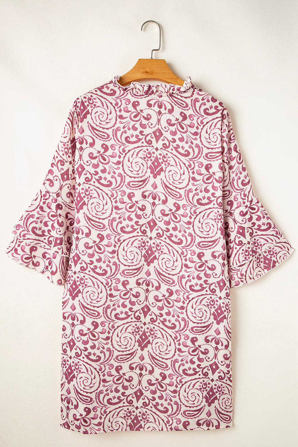 Pink Paisley Print Tiered 3/4 Sleeve Notched Neck Mini Dress