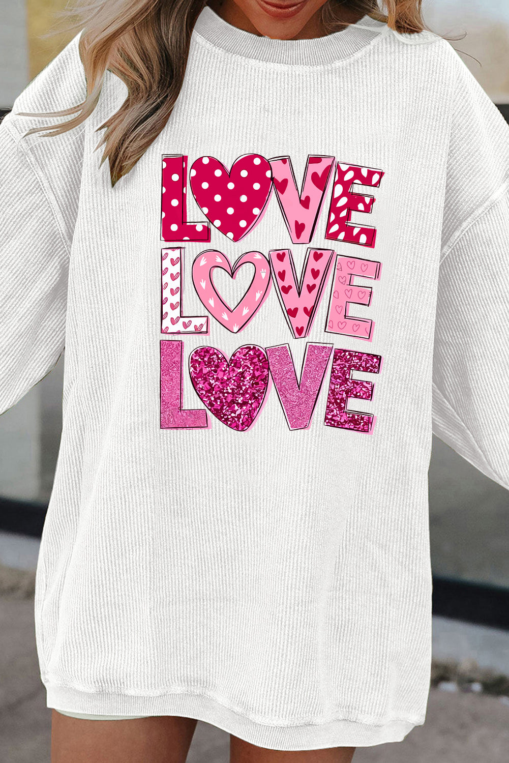 White Heart LOVE Graphic Corded Valentines Pullover Sweatshirt