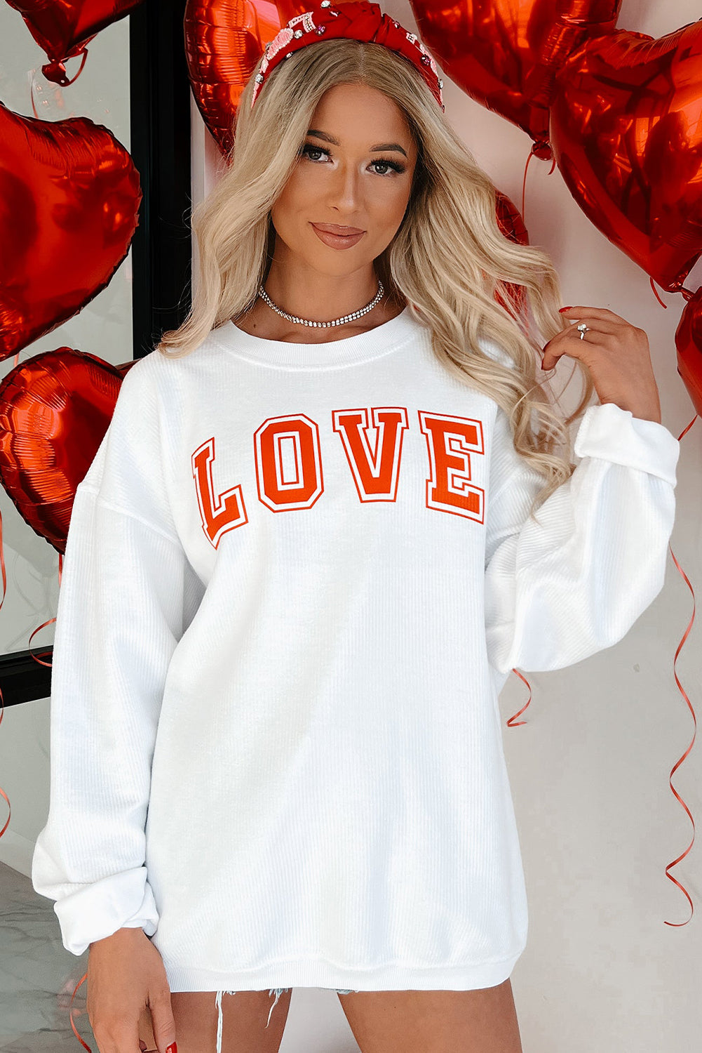 White LOVE Printed Crewneck Valentines Pullover Sweatshirt