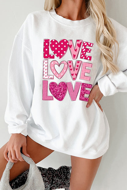 White Heart LOVE Graphic Corded Valentines Pullover Sweatshirt