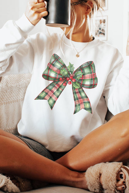 Beige Holly Plaid Bow Graphic Christmas Themed Sweatshirt