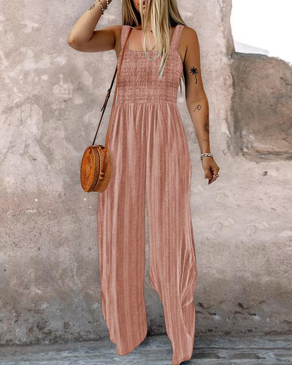 Tie Dye Print Square Neck Thick Strap Shirred Wide Leg Jumpsuit Casual Overalls with Pockets