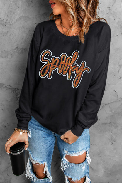 Black Spooky Rhinestone Drop Shoulder Graphic Sweatshirt