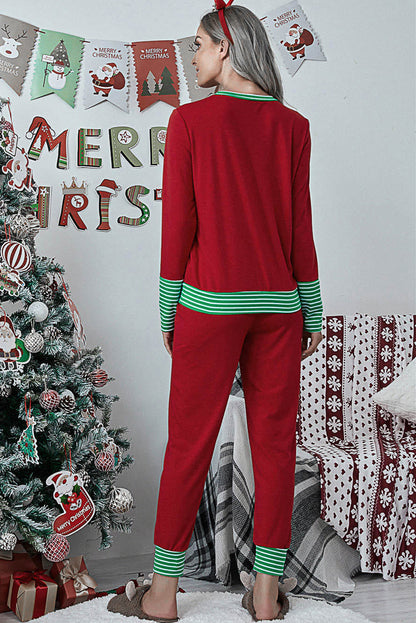 Fiery Red Christmas Striped Contrast Two Piece Lounge Set