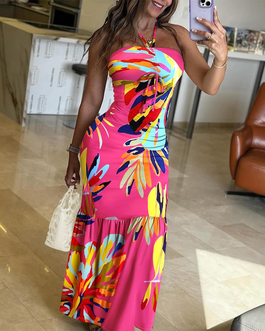 Tropical Print Halter Drawstring Maxi Dress