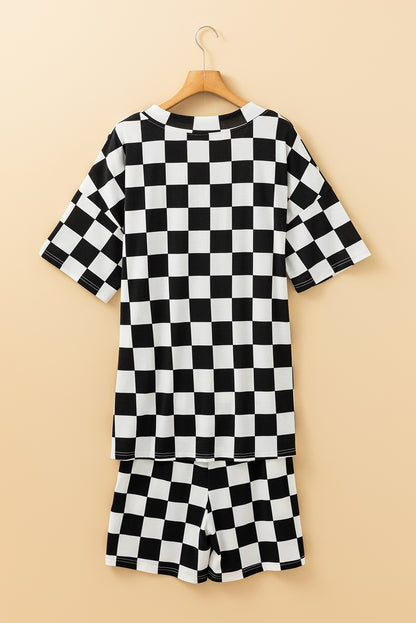 Black Checkerboard Print V Neck Loose Tee and Shorts Lounge Set