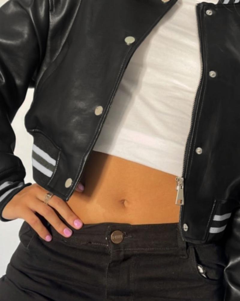 Striped Snap Button Zipper Design Crop Bomber Jacket