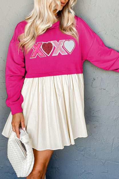 Rose Red Sequin Heart XOXO Graphic Colorblock Patchwork Hem Sweatshirt Dress