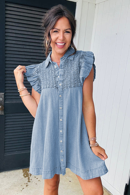 Beau Blue Flutter Sleeve Shirred Detail Button Up Denim Mini Dress