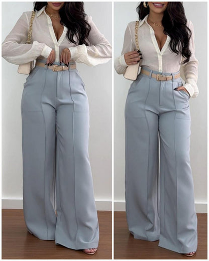 High Waist Wide Leg Pants Work Pants with Pocket