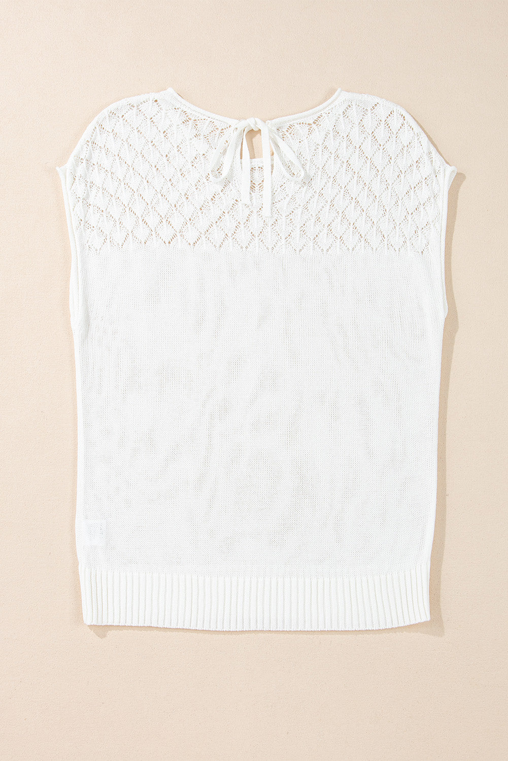 White Eyelet Knit Tied Back Short Sleeve Sweater