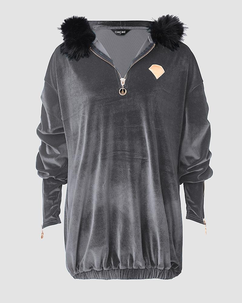 Velvet Fuzzy Trim Hooded Ruched Long Sleeve Zip Up Mini Dress