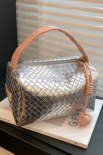 Silvery Lattice Texture Corded Ball Decor Weaven Handle Cosmetic Bag