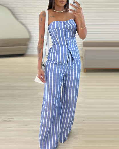 2 Pieces Striped Print Bandeau Button Front Top and Casual Loose Fit Pants Set