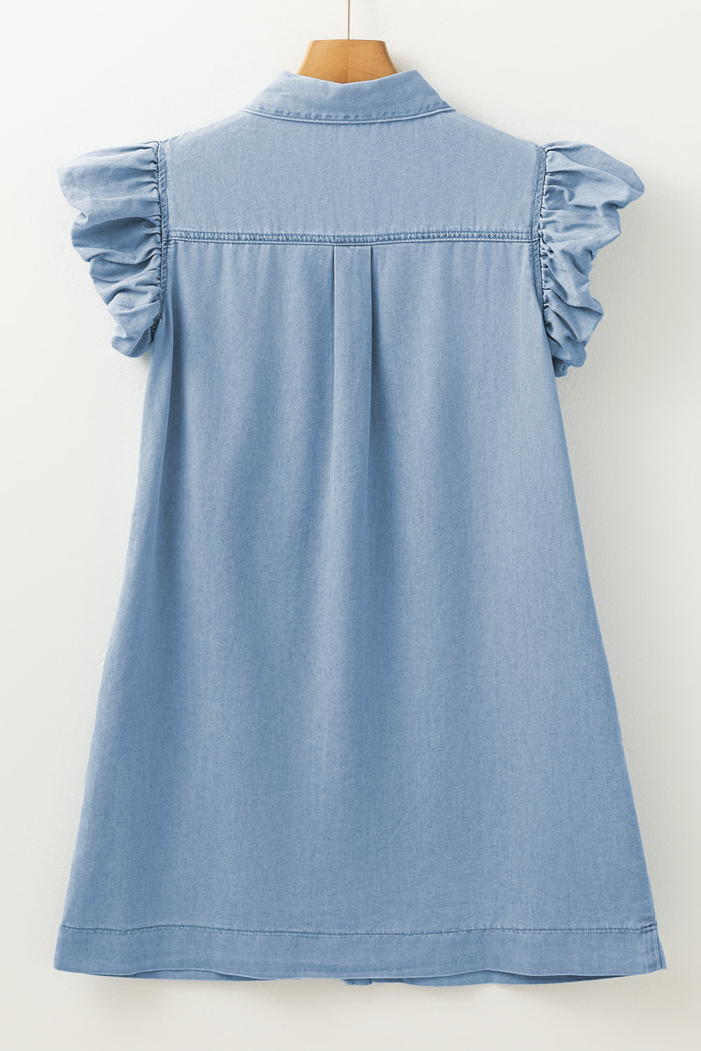 Beau Blue Flutter Sleeve Shirred Detail Button Up Denim Mini Dress