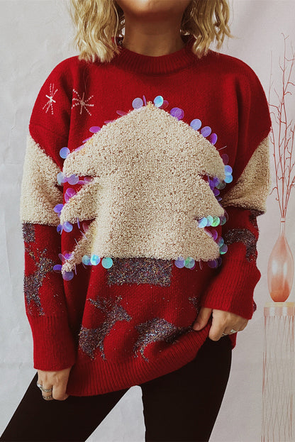 Racing Red Sequin Fuzzy Christmas Tree Tinsel Elk Drop Shoulder Sweater