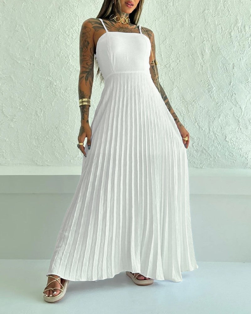 Square Neck Spaghetti Strap Pleated Maxi Dress Back Tied Detail Casual Flowy Long Dress