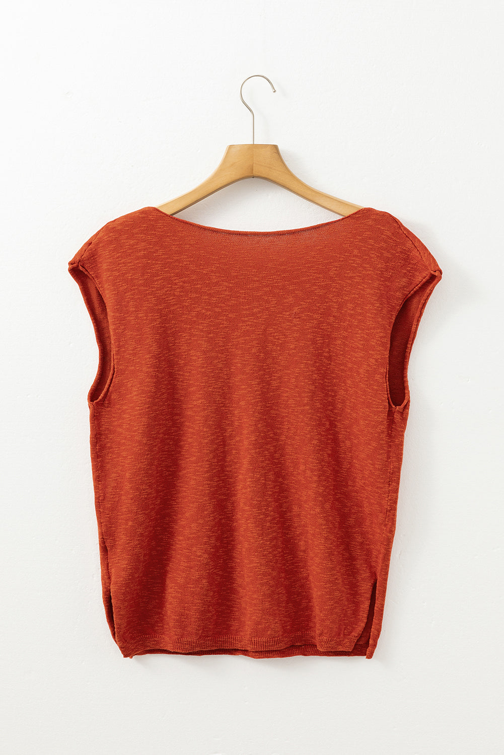 Orange Solid Color Split V Neck Short Sleeve Sweater