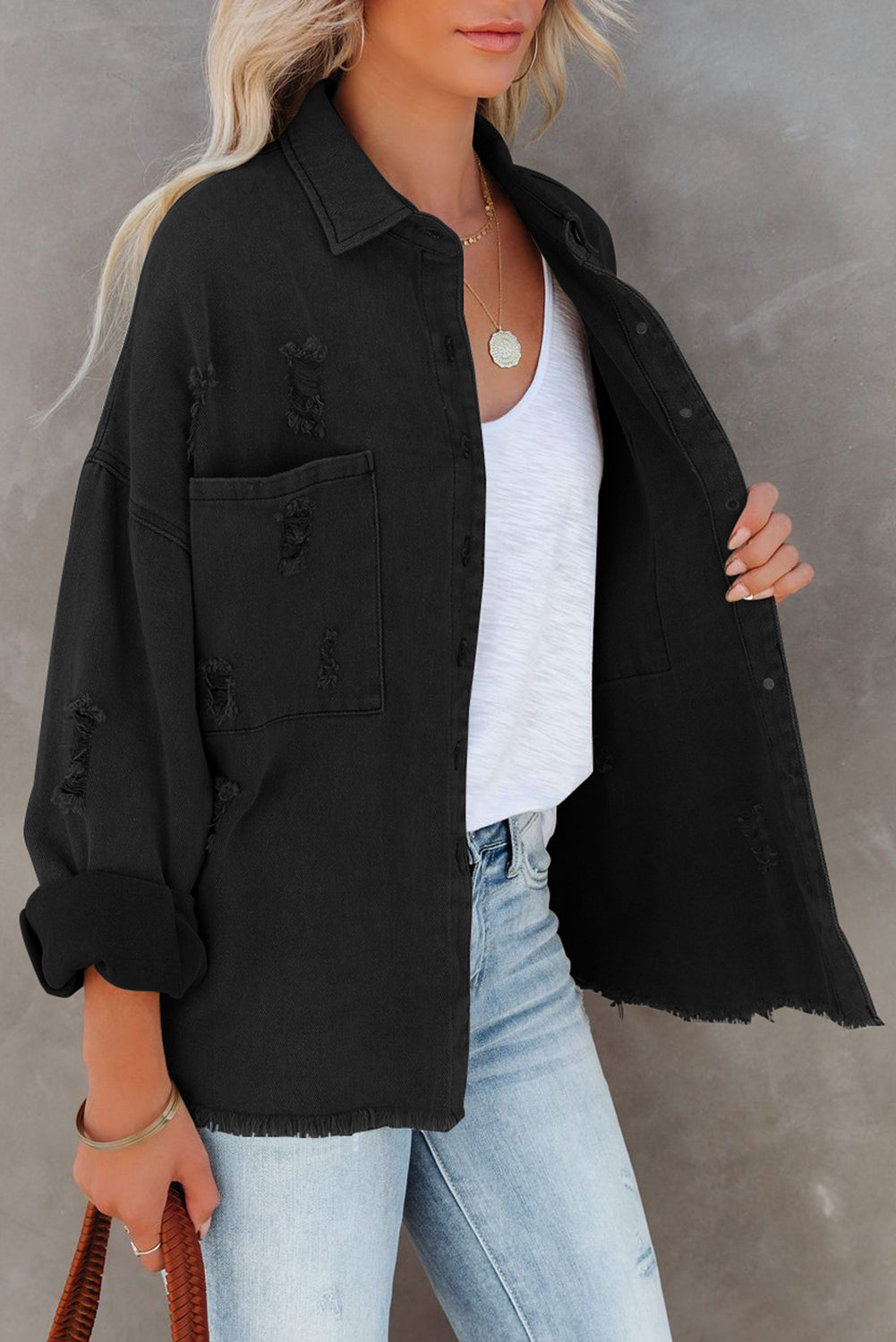 Black Distressed Fringe Trim Denim Jacket