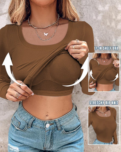 U Neck Built in Bra Long Sleeve Ribbed Top