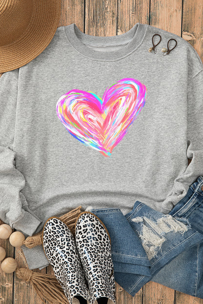 Gray Valentines Brushwork Heart Graphic Drop Shoulder Sweatshirt