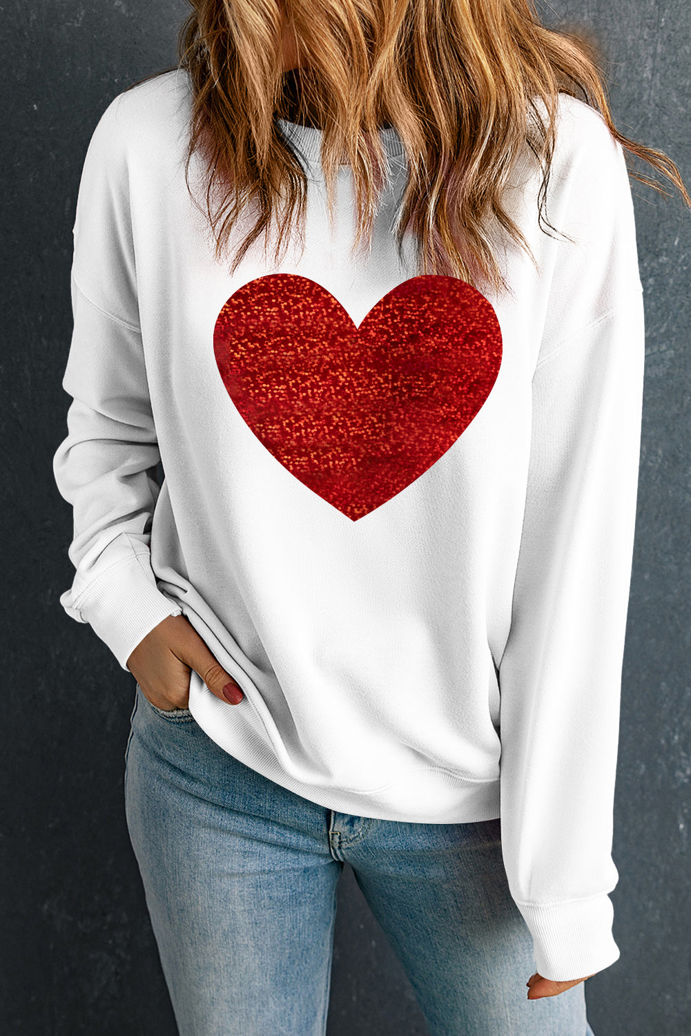 Beige Glitter Valentine Heart Shape Graphic Sweatshirt