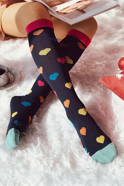 Navy Blue Valentine Heart Pattern Contrast Trim Mid-length Socks