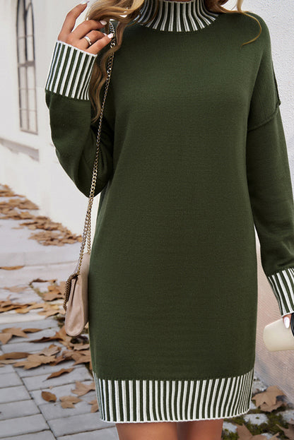 Vineyard Green Striped Trim Mock Neck Dropped Long Sleeve Sweater Mini Dress